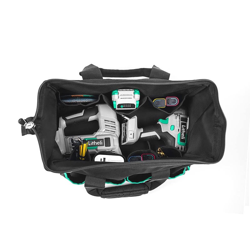 Litheli Tough Tool Bag 16-inch, Close Top, Wide Mouth, Ample Storage, w/Adjustable Shoulder Strap & 14 Pockets, Black - Image 3