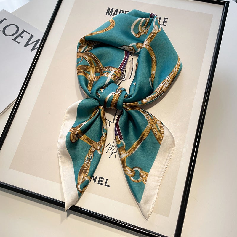 Oil painting small square scarf silk scarf for women Spring Autumn Winter mom matching shirt neck protection scarf scarf scarf 70x70 Gold leather buckle 70 square scarf-dark green
