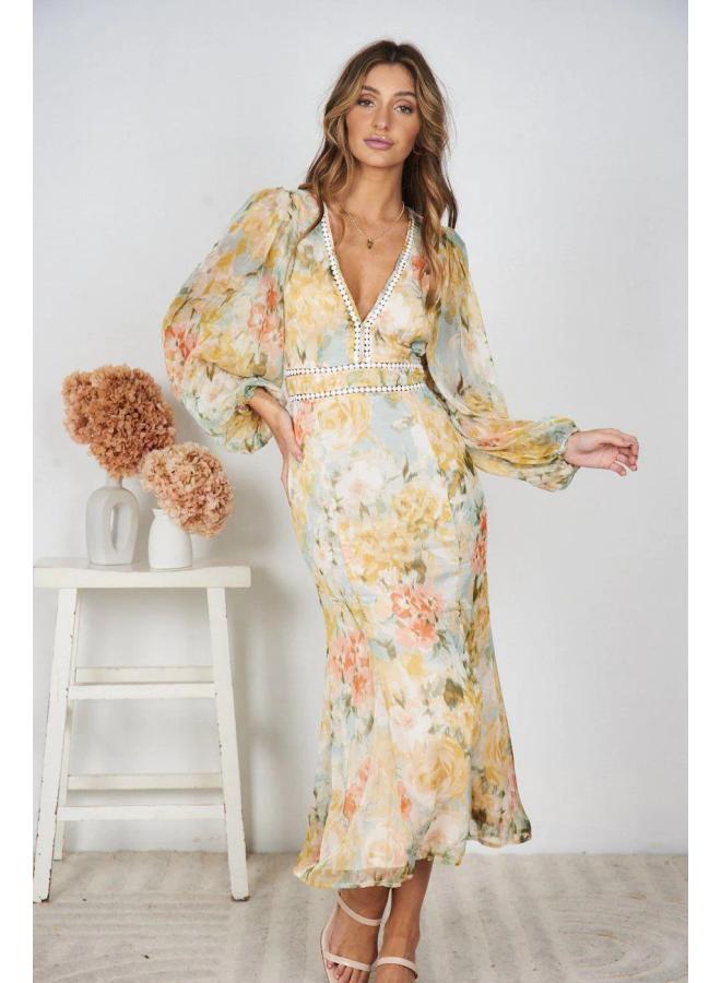 European And American New Long Printed Dress Popular Women's Dress Slim-fit Irregular Folding Dovetail Swing Skirt 