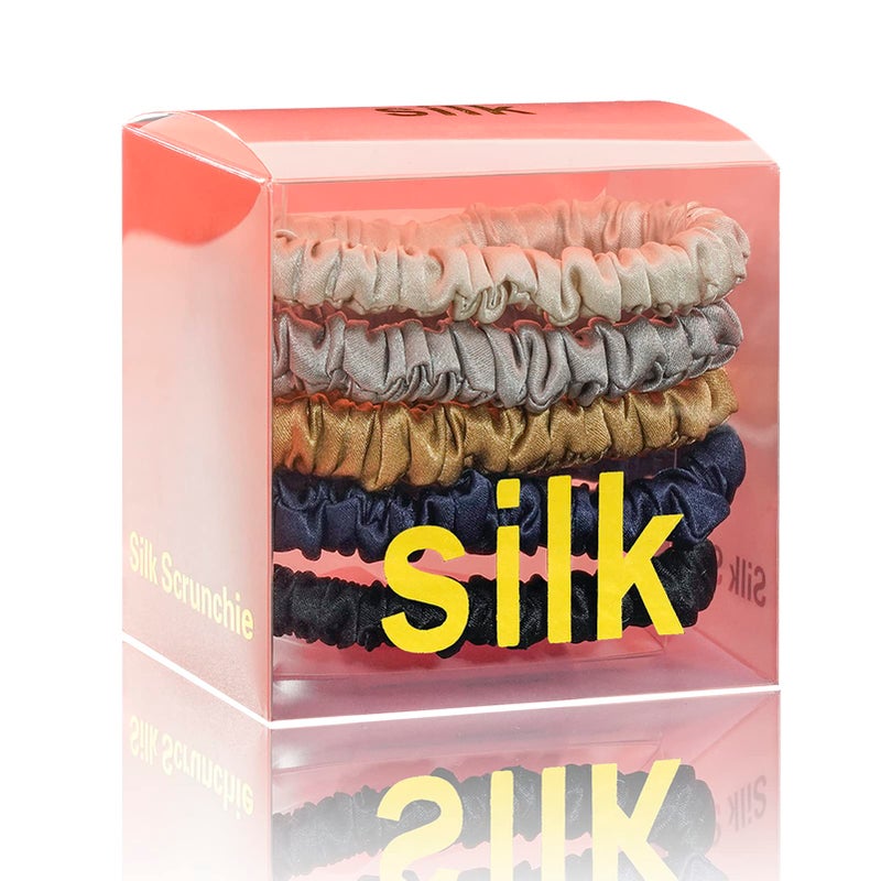 Silmer Silk Scrunchies Silk Hair Ties 100 Mulberry 5 PackCaramelDark GreyChampagne GoldNavy BlueBlack