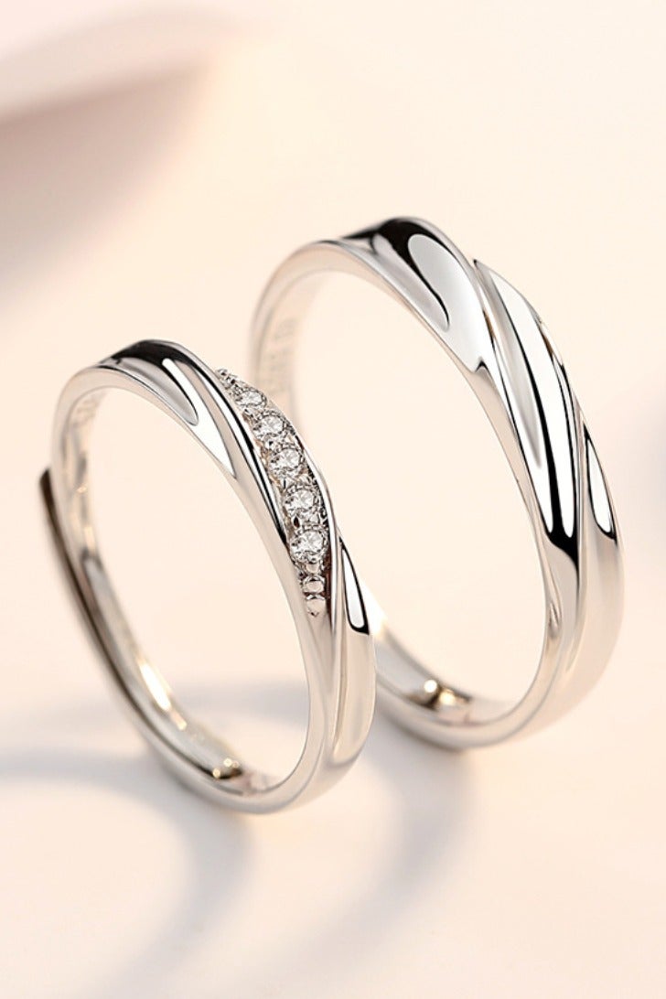 S999 pure silver white gold-plated adjustable couple's ring set - Image 1
