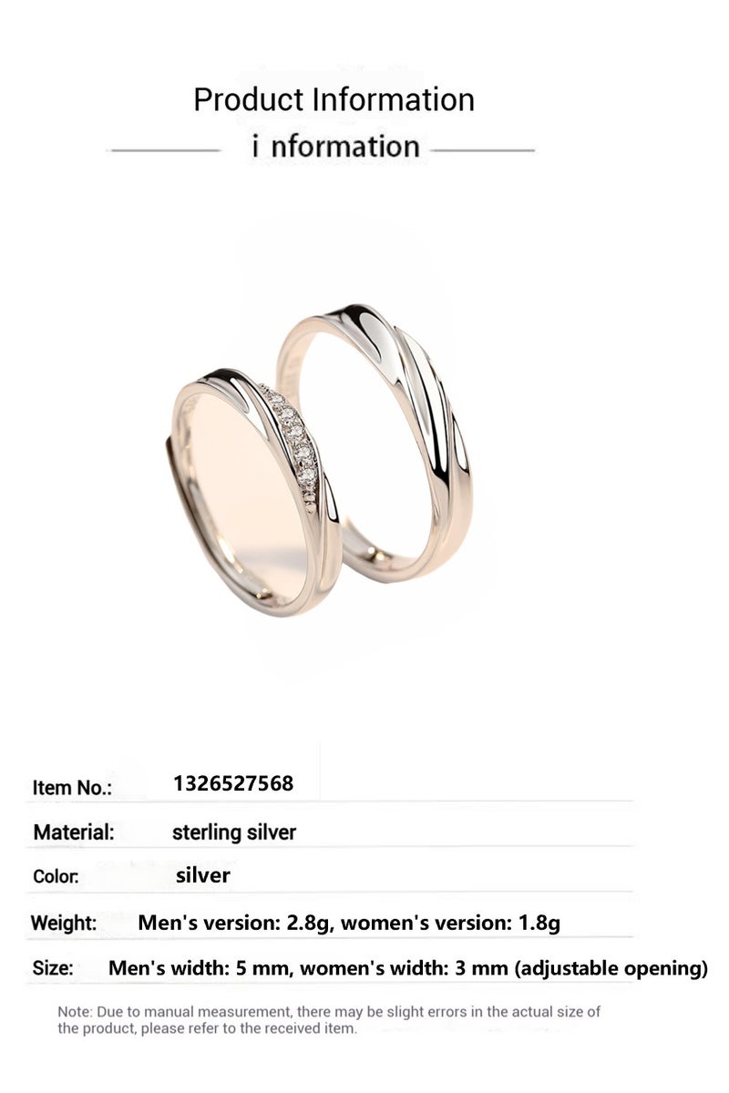 S999 pure silver white gold-plated adjustable couple's ring set - Image 4