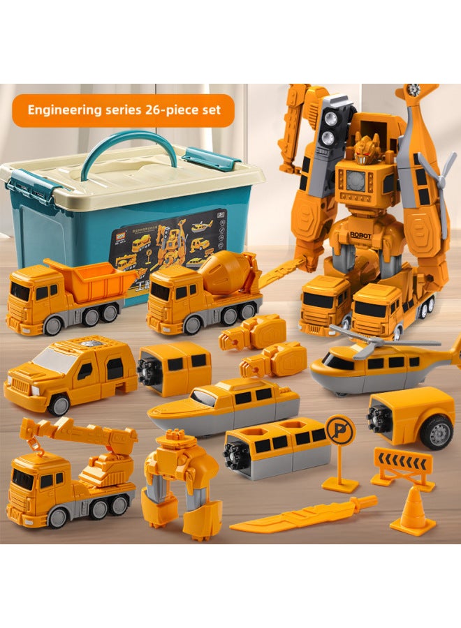 Magnetic Deformation Engineering Vehicle Children's Toy Car Building Blocks Assembled Magnetic Puzzle Robot King Kong Armor Boy-Color:Engineering Series -26 Piece Set-Storage Box - Image 1
