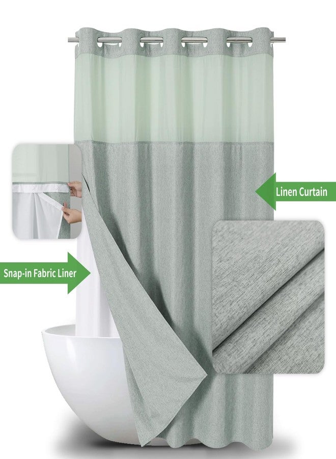 eachope No Hooks Needed Linen Textured Shower Curtain with Snap-in Fabric Liner Set,Hotel Luxury Decor Shower Curtains for Bathroom with Mesh Top Window,Waterproof & Washable,71Wx74H,Sage Green - Image 2