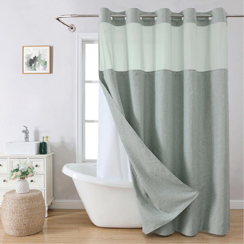 eachope No Hooks Needed Linen Textured Shower Curtain with Snap-in Fabric Liner Set,Hotel Luxury Decor Shower Curtains for Bathroom with Mesh Top Window,Waterproof & Washable,71Wx74H,Sage Green - Image 1