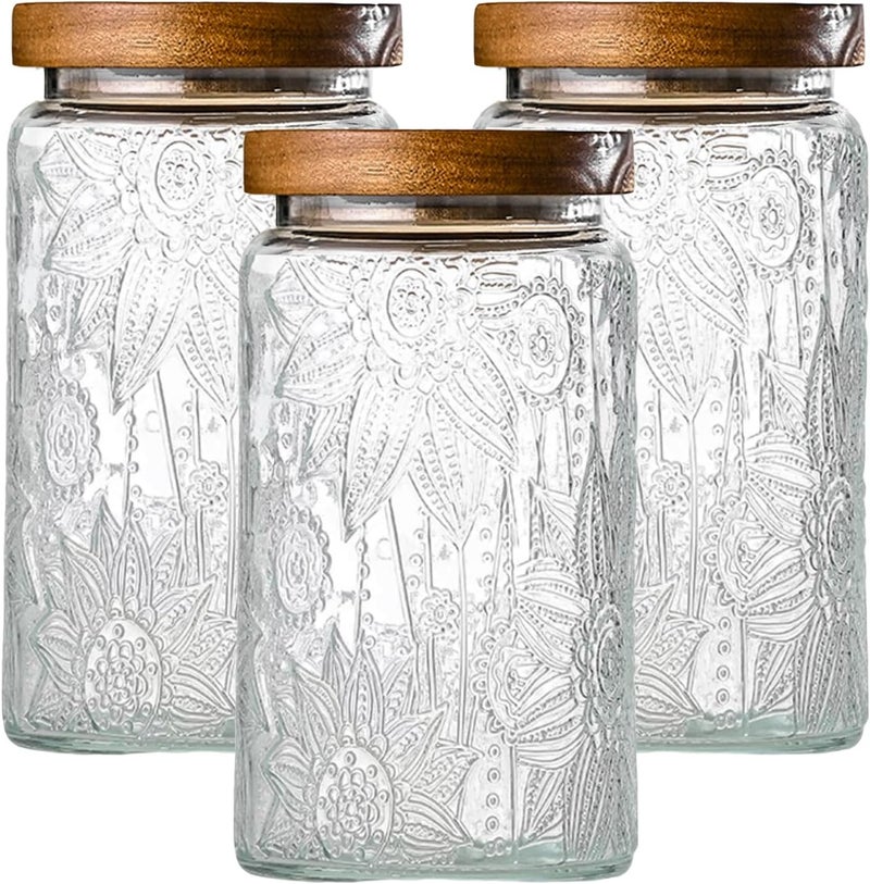 Adodeen 3-Pack 32oz Vintage Glass Jar With Lid, Glass Storage Containers, Airtight Kitchen Storage Containers For Sugar, Coffee, Tea, Spice, Flour, Candy Cookie, Pasta, Cereal - Image 1