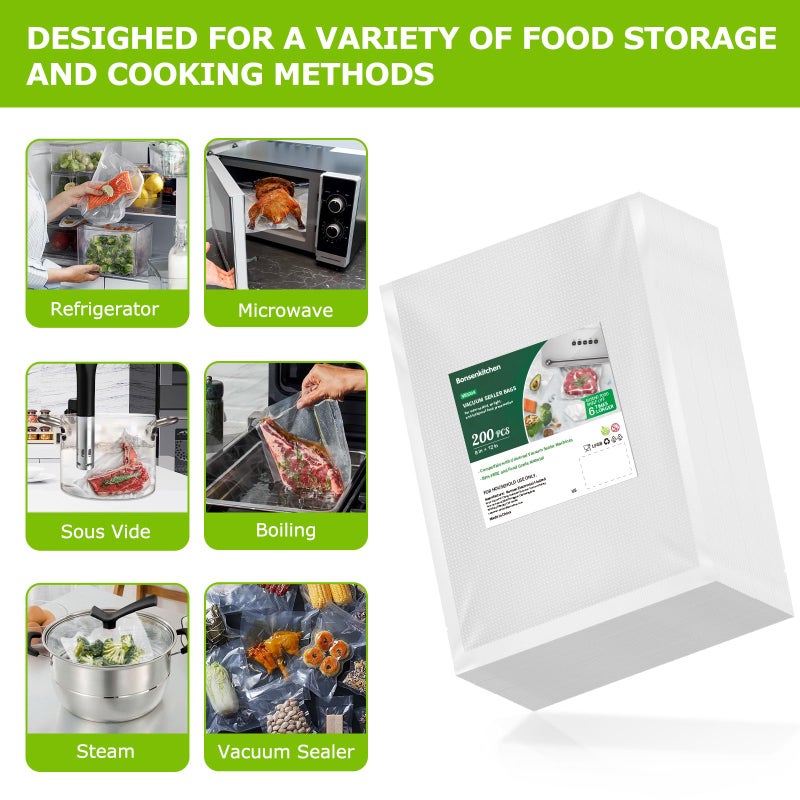 Bonsenkitchen Precut Vacuum Sealer Bags 200 Quart 8" x 12", BPA Free, Commercial Grade Textured Food Vacuum Sealer Bag, Thick Embossed Bags for Storage and Sous Vide Cooking VB3208 - Image 3