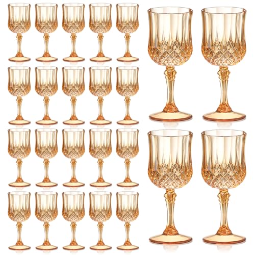 XUWAIDSGN 24 Pcs 7oz Plastic Vintage Wine Glasses Drinking Glasses Unbreakable Wedding Glassware Crystal Water Goblets Reusable Drinkware Vintage Champagne Flutes (24, Amber) - Image 1