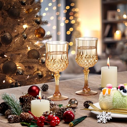 XUWAIDSGN 24 Pcs 7oz Plastic Vintage Wine Glasses Drinking Glasses Unbreakable Wedding Glassware Crystal Water Goblets Reusable Drinkware Vintage Champagne Flutes (24, Amber) - Image 5