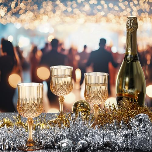 XUWAIDSGN 24 Pcs 7oz Plastic Vintage Wine Glasses Drinking Glasses Unbreakable Wedding Glassware Crystal Water Goblets Reusable Drinkware Vintage Champagne Flutes (24, Amber) - Image 4