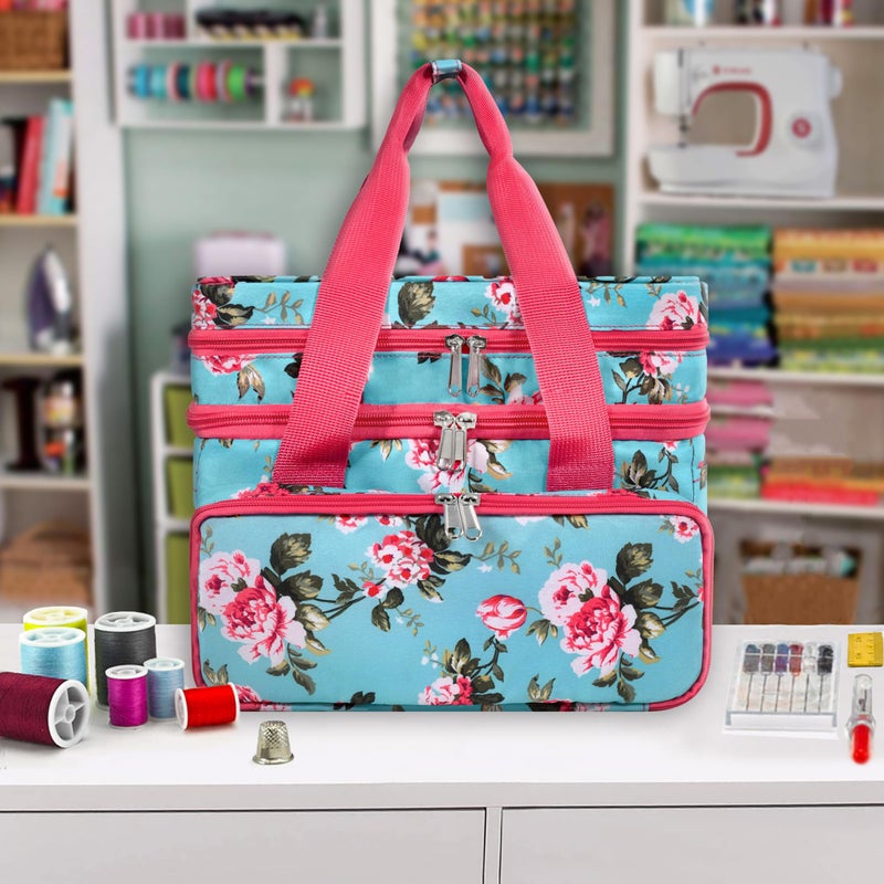 SINGER Sewing Accessories Organizer (Bag Only) â€“ Double Layer Portable Sewing Storage Bag | 2 Detachable Pouches and 18 Compartments, Large Sewing Supplies & Crafting Carry-All (Turquoise Floral) - Image 4