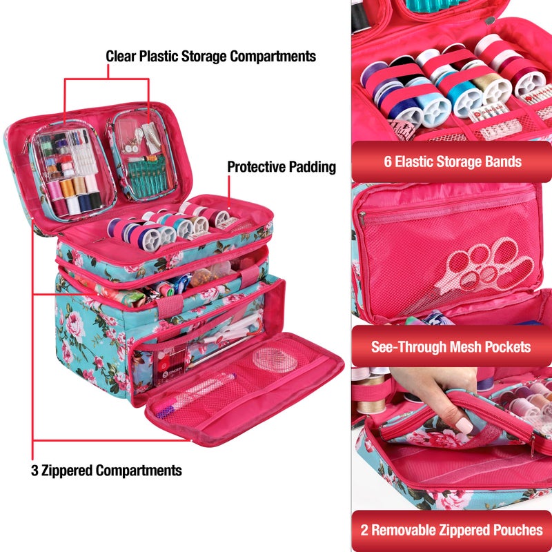 SINGER Sewing Accessories Organizer (Bag Only) â€“ Double Layer Portable Sewing Storage Bag | 2 Detachable Pouches and 18 Compartments, Large Sewing Supplies & Crafting Carry-All (Turquoise Floral) - Image 3