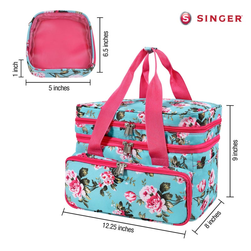 SINGER Sewing Accessories Organizer (Bag Only) â€“ Double Layer Portable Sewing Storage Bag | 2 Detachable Pouches and 18 Compartments, Large Sewing Supplies & Crafting Carry-All (Turquoise Floral) - Image 5