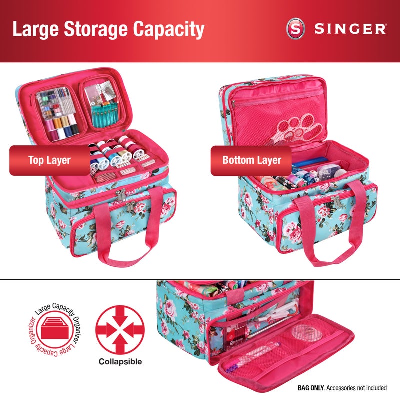 SINGER Sewing Accessories Organizer (Bag Only) â€“ Double Layer Portable Sewing Storage Bag | 2 Detachable Pouches and 18 Compartments, Large Sewing Supplies & Crafting Carry-All (Turquoise Floral) - Image 1
