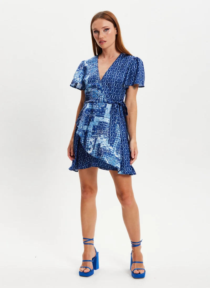 Liquorish Scarf Print Angel Sleeve Dress