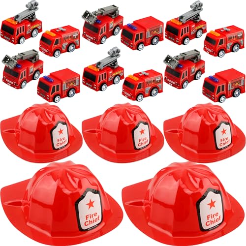 Flotory 24 Pcs Fireman Party Favors Inlcude 12 Plastic Firefighter Hat 12 Mini Pullback Fire Trucks Toy Engine Car Fire Chief Hat for Kids Firefighter Birthday Party Supplies Bag Filler Gift - Image 1