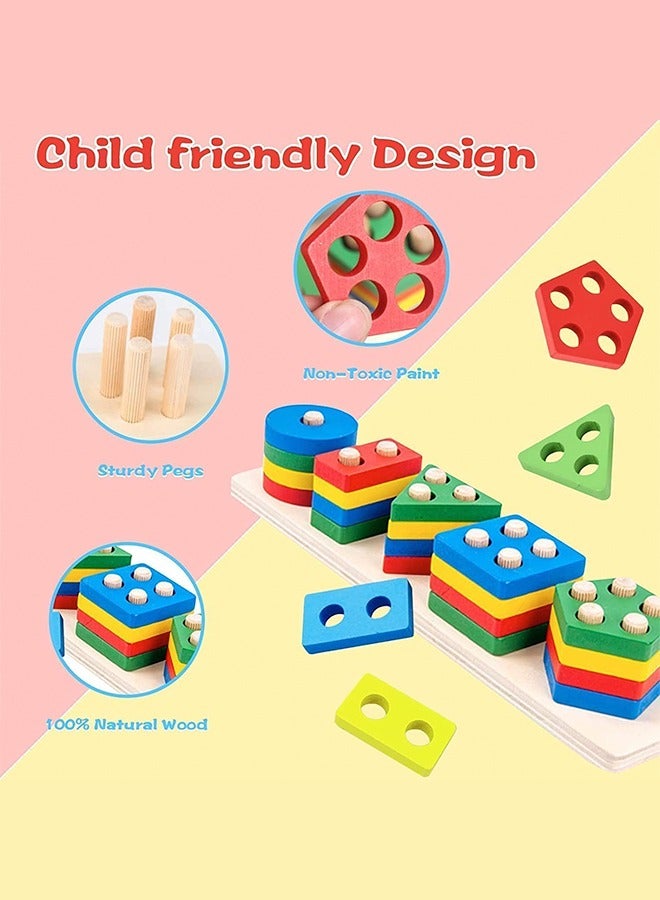 Geometric Shape and Color Recognition Wooden Sorting and Stacking Educational Toy - Montessori Toys for 1-3 Year Old Boys and Girls - Multicolor 29 * 6.60cm  - Image 3