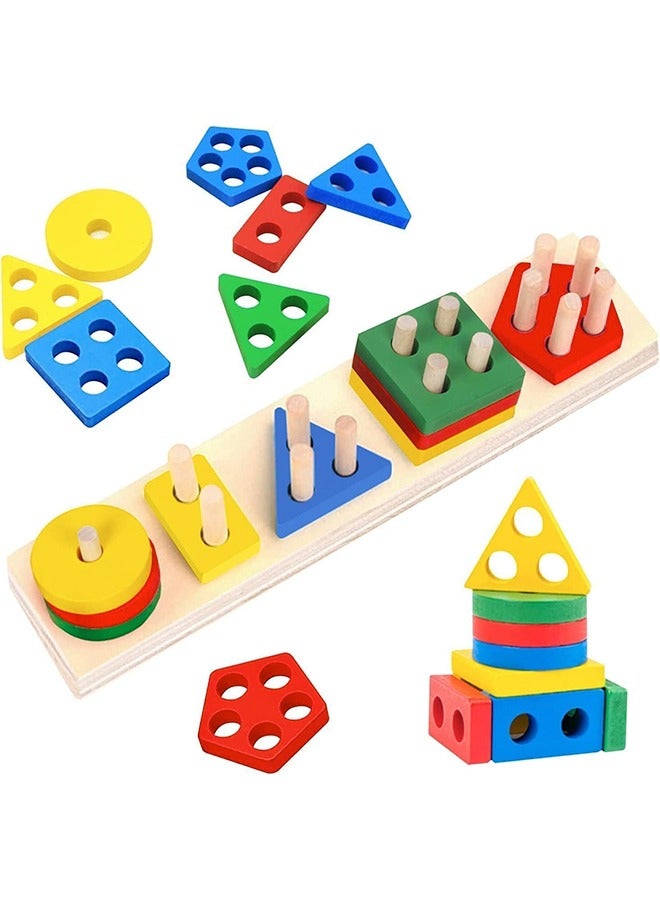 Geometric Shape and Color Recognition Wooden Sorting and Stacking Educational Toy - Montessori Toys for 1-3 Year Old Boys and Girls - Multicolor 29 * 6.60cm  - Image 1