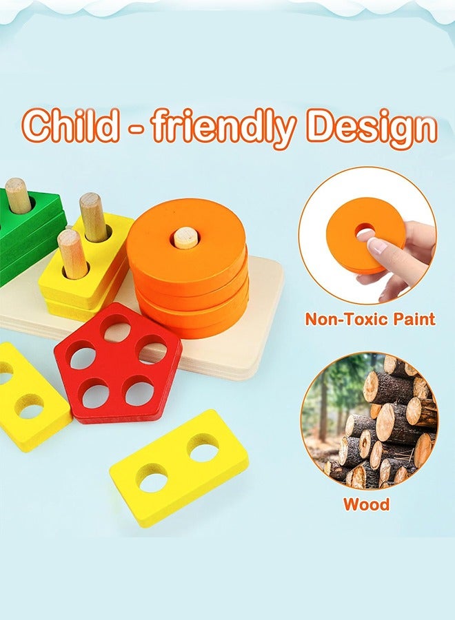 Geometric Shape and Color Recognition Wooden Sorting and Stacking Educational Toy - Montessori Toys for 1-3 Year Old Boys and Girls - Multicolor 29 * 6.60cm  - Image 2