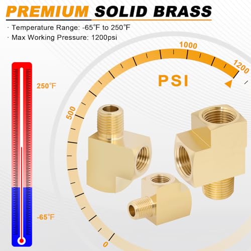 KOOTANS 4 Pack Brass Tee Fittings 3/8" NPT Female to 3/8" NPT Female to 3/8" NPT Male Barstock Street Tee Fittings 3 Way Brass Pipe Fitting - Image 4