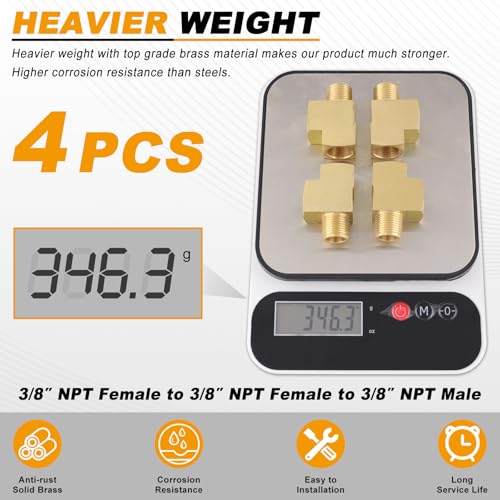 KOOTANS 4 Pack Brass Tee Fittings 3/8" NPT Female to 3/8" NPT Female to 3/8" NPT Male Barstock Street Tee Fittings 3 Way Brass Pipe Fitting - Image 5