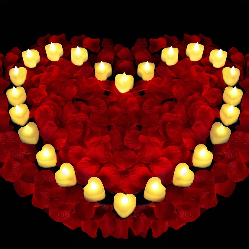 Childom Valentines Decorations,Red Rose Petals and Candles Set,1000 Pcs Fake Rose Petals with 24 Pcs LED Heart Candles,Silk Roses Petals for Romantic Night Decorations for Bedroom,Welcome Home - Image 1