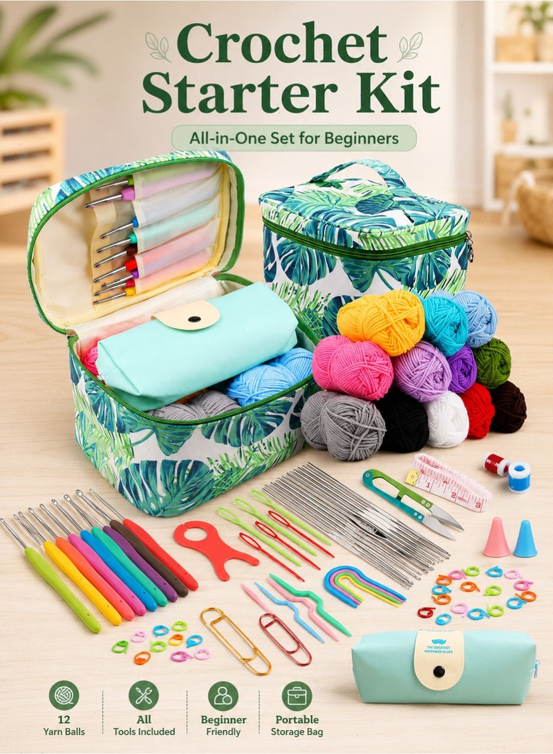88 Pcs Crochet Starter Kit for Beginners, All-in-One Crochet Hook Set with 12 Yarn Balls, Tools and Portable Organizer Bag for Adults and Kids - Image 1
