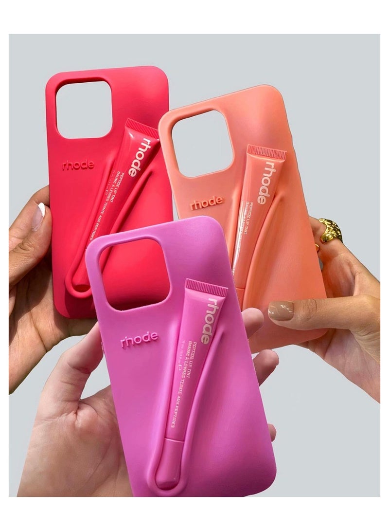 rhode Lip Gloss Phone Case with Lip Tint, For iPhone Case Liquid Silicone Camera Protection Lipstick Lip Glaze Phone Case for iPhone 16 Pro Max (Raspberry) - Image 3