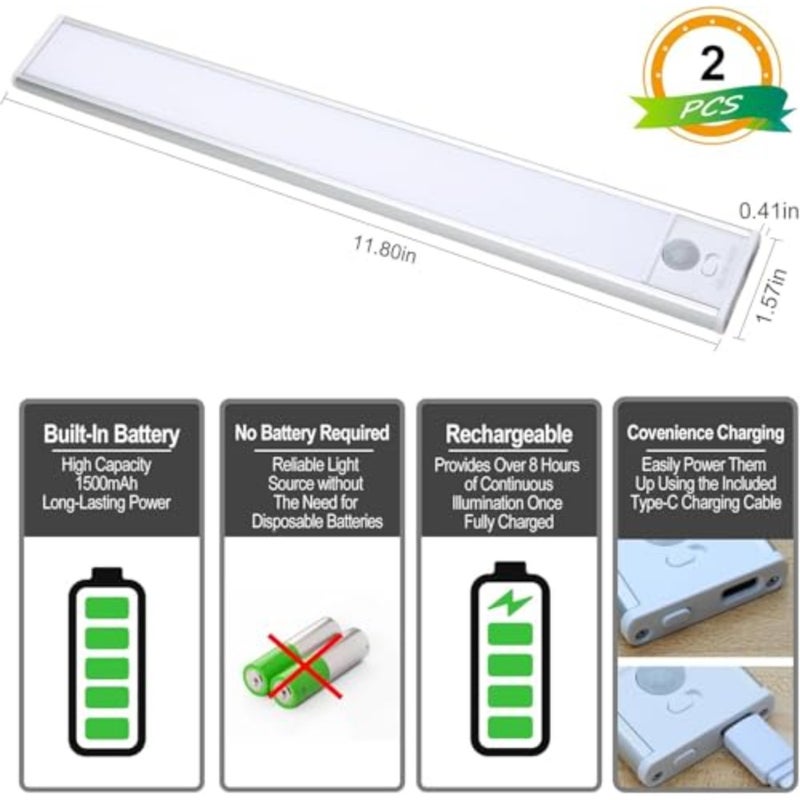 Under Cabinet Light, 3 Colors Motion Sensor Light 1500mAh Rechargeable Wireless Closet light, Dimmable Night Lights for Bedroom, Closet, Kitchen, Hallway, Cupboard Light, 30cm 2 - Image 5