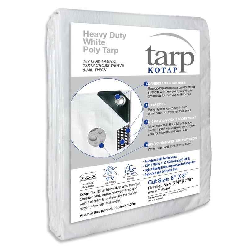 Kotap 6 x 8 Ft HeavyDuty ProtectionCoverage Tarp Superior Weave for Greater Longevity 8mil MultiUse Waterproof White 1Pack TRW0608