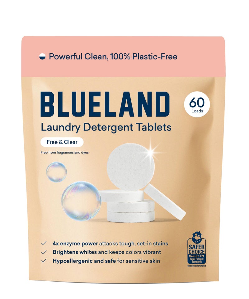 BLUELAND Laundry Detergent Tablets, 60 Count, Plastic-Free Eco-Friendly Pods, Sheets, Liquid Alternative - Fragrance Free and Clear, Natural, Gentle - Image 1
