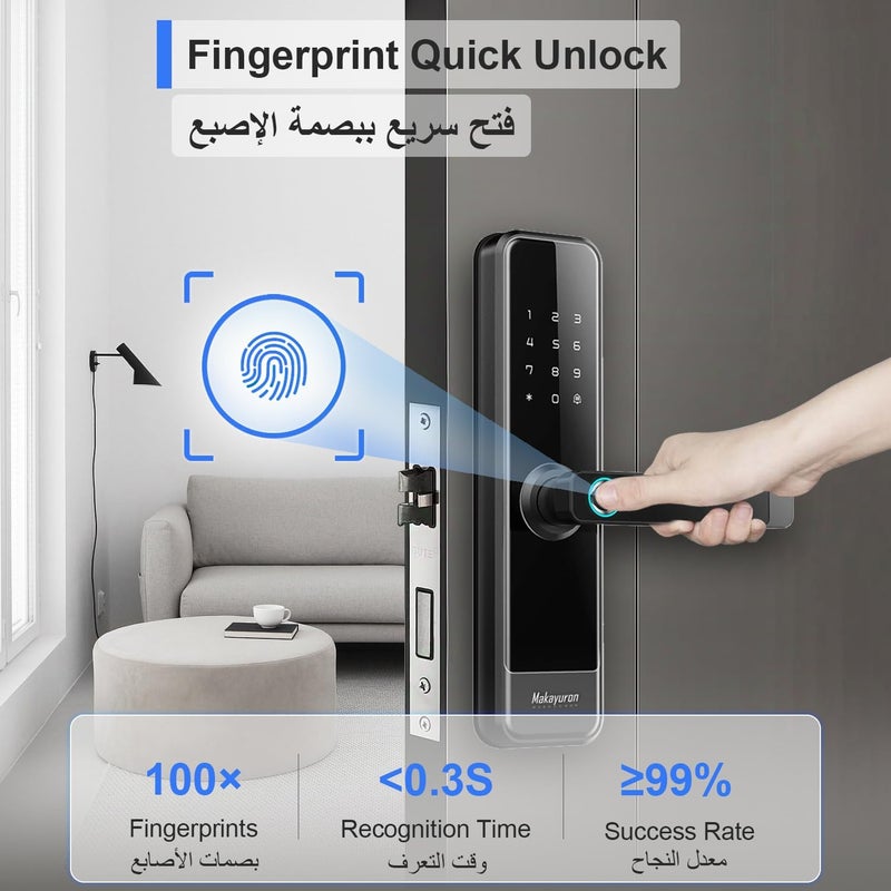 ماكايورون قفل الباب الذكي ماكايورون ببصمة الإصبع يعمل مع تطبيق TTLock عبر البلوتوث، 5 طرق للفتح (بصمة/رمز/7*بطاقة/2*مفتاح/تطبيق)، قفل 4585 وزر مضاد للسرقة، (يشمل 4 بطاريات AA) M305TT - Image 3