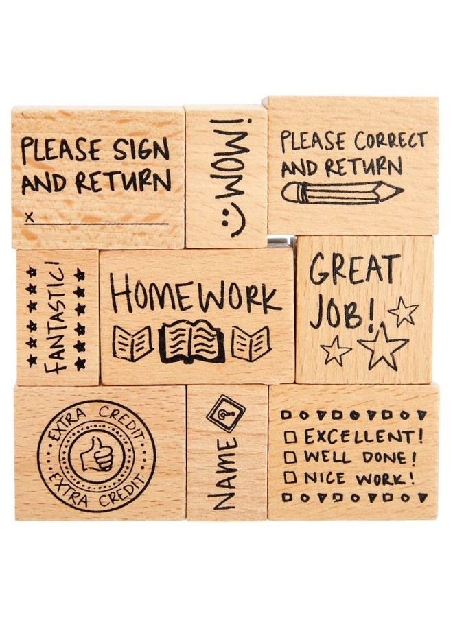 Blue Panda - 9 Piece Set Of Wooden Rubber Teacher Stamps Classroom Supplies For Grading Homework (Assorted Sizes) - Image 1