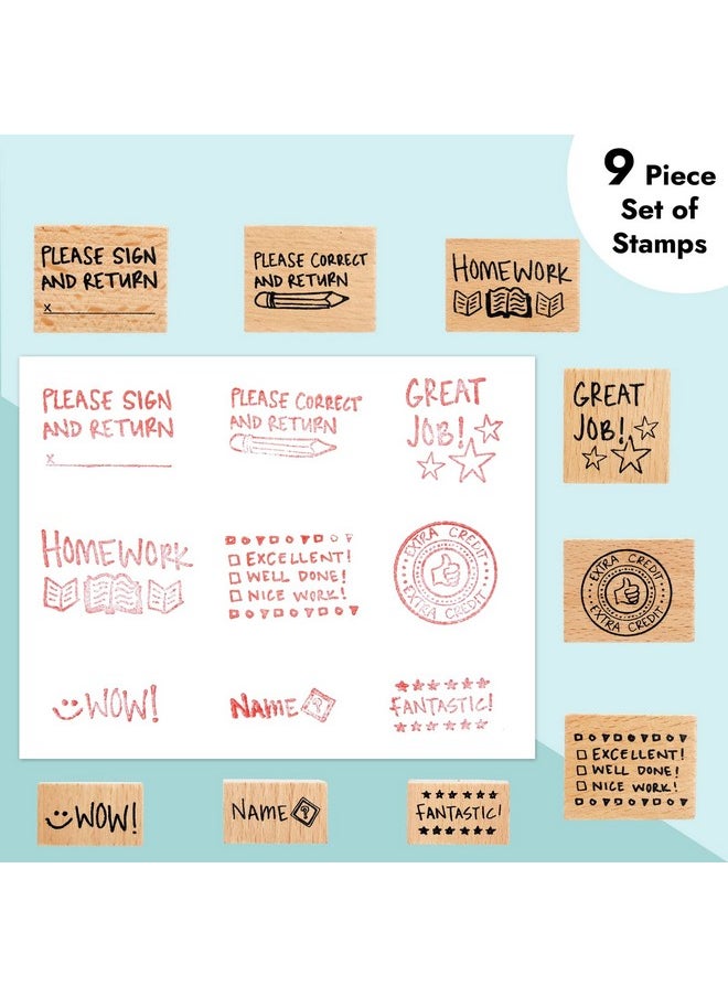 Blue Panda - 9 Piece Set Of Wooden Rubber Teacher Stamps Classroom Supplies For Grading Homework (Assorted Sizes) - Image 1