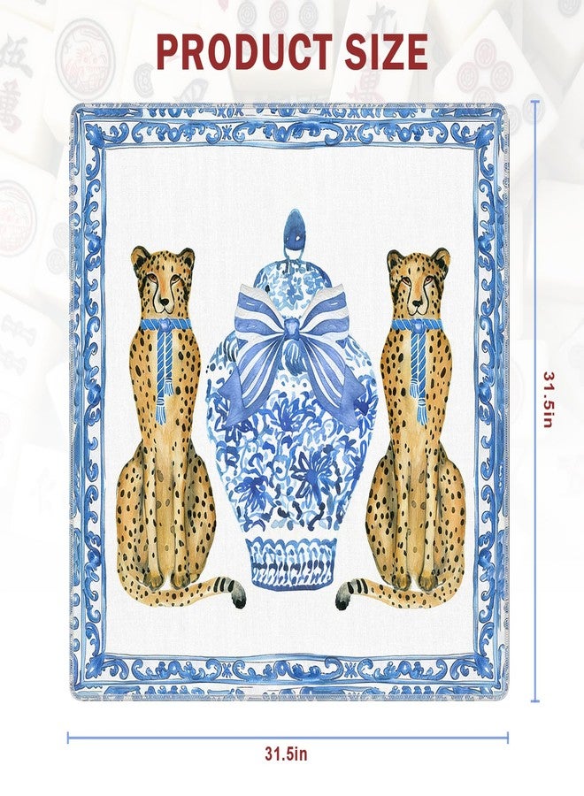 KBRCT Coquette Blue Bow Chinoiserie Cheetah Mahjong Mat for Table 31.5 x 31.5 in, Preppy Leopard Grandmillennial Non-Slip Noise Reduction Game Table Cover for American Mahjong Card Board Tile Games - Image 2
