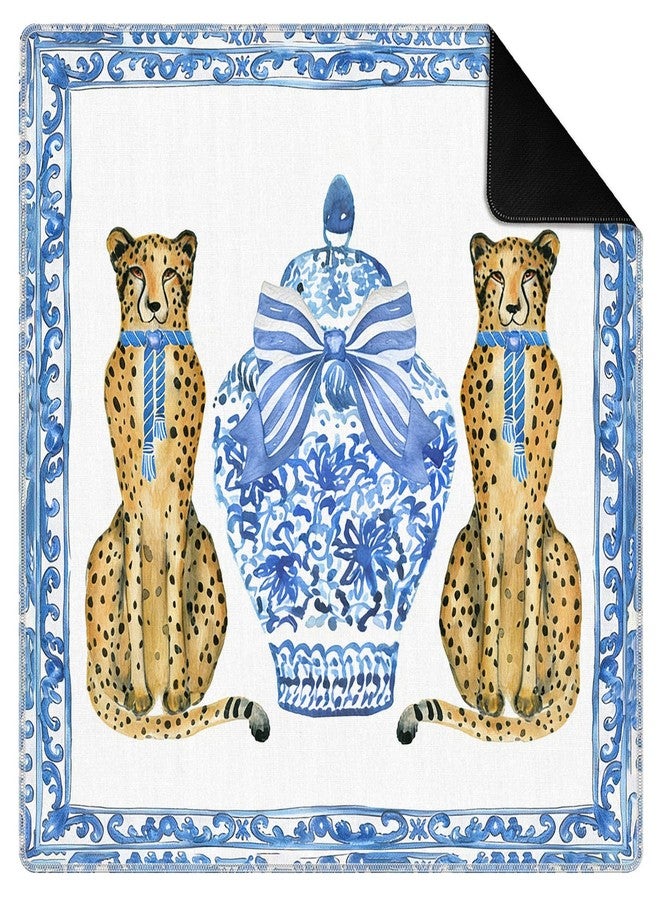 KBRCT Coquette Blue Bow Chinoiserie Cheetah Mahjong Mat for Table 31.5 x 31.5 in, Preppy Leopard Grandmillennial Non-Slip Noise Reduction Game Table Cover for American Mahjong Card Board Tile Games - Image 1