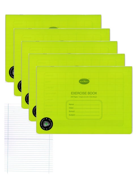 5-Piece A4 Size Single Line With Two Side Margin Exercise Book 200 Pages With PVC Cover