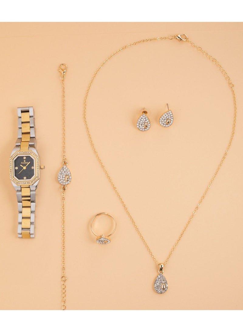 Clasico ✨ مجموعة هدايا نسائية فاخرة من الساعة والمجوهرات الاصطناعية – ساعة، قلادة، أقراط، خاتم وسوار ✨ - Image 1