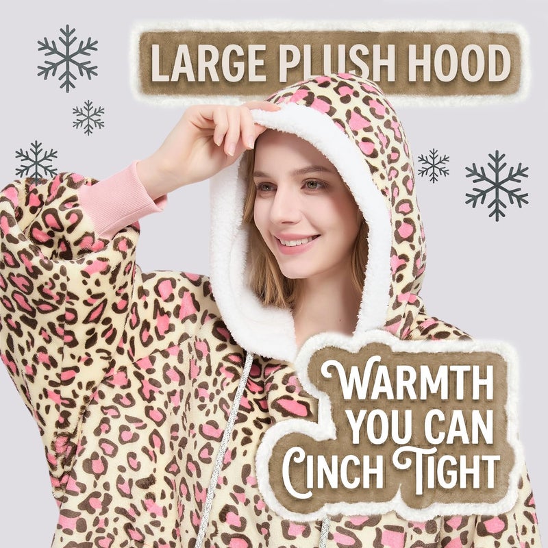 Qeils Wearable Blanket Hoodie for Women, Comfy Sherpa Sweatshirt Blanket as Birthday Christmas Gifts, Oversized Pullover Jacket Blanket Hoodie for Adult (Yellow Leopard, Adult) - Image 3