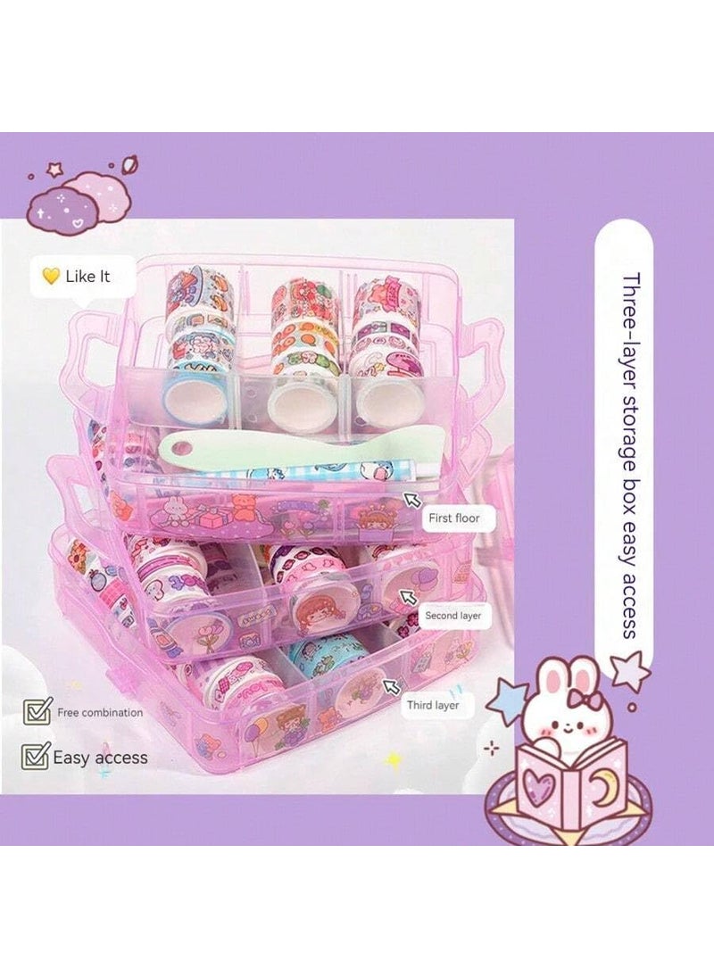 Gladnes Gladnes 100 Pcs Washi Tape Set with Kawaii Stickers Tweezer Pen and Spatula in 3Layer Storage Box Decorative Masking Tapes for Journaling Crafts and Gift Wrapping Pink  - Image 3