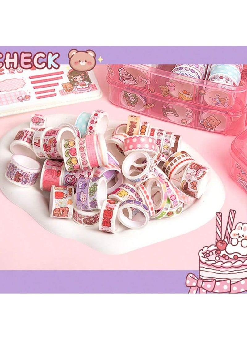 Gladnes Gladnes 100 Pcs Washi Tape Set with Kawaii Stickers Tweezer Pen and Spatula in 3Layer Storage Box Decorative Masking Tapes for Journaling Crafts and Gift Wrapping Pink  - Image 2