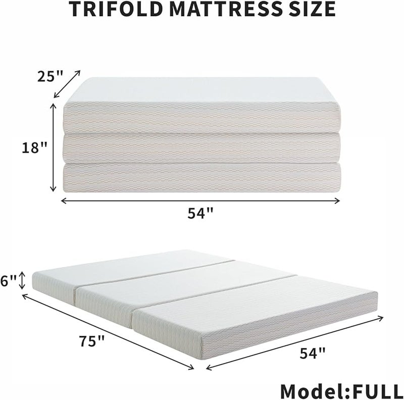 Full Size 6 Inch Memory Foam Tri Fold Mattress Portable with Washable Cover - Image 3