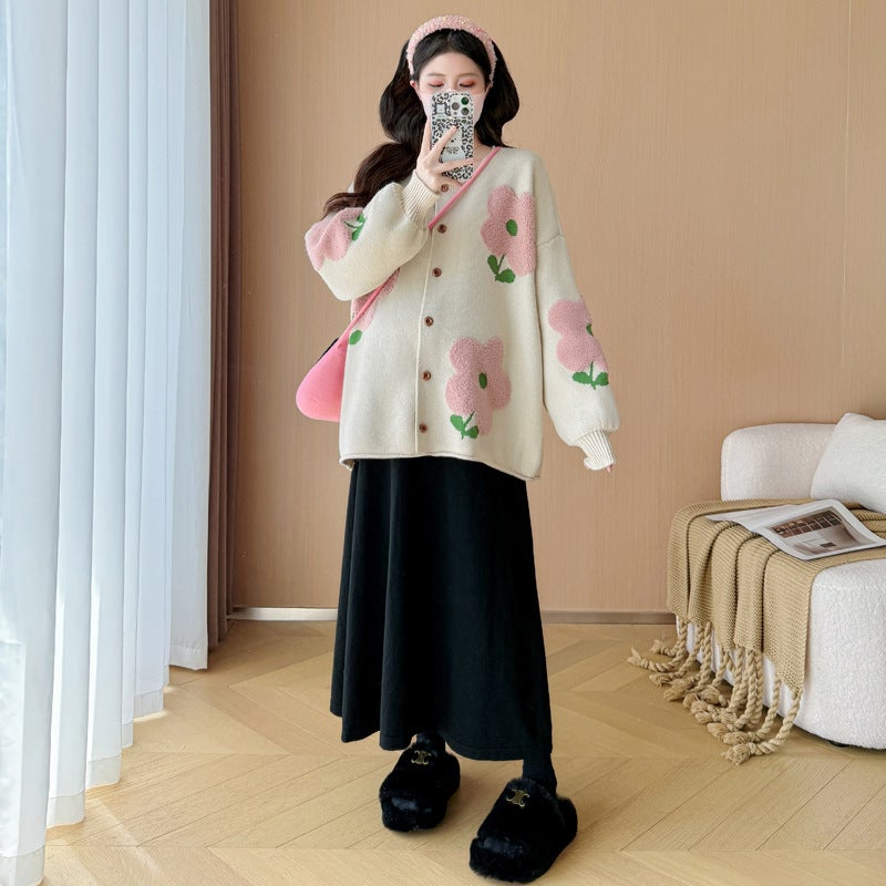 Internet Celebrity 2024 Pregnant Women Autumn and Winter Fashion Loose Slimming Age Reducing Heavy Industry Embroidered Flower Soft Waxy Sweater Cardigan suit Apricot cardigan + skirt [suit]