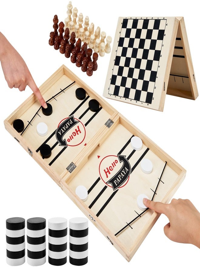 HELLO PAPAYA Foldable Fast Sling Puck Game with Chess Board and Checkers Board, Tic Tac Toe. Wooden Air Hockey Family Night,Table Games Gifts for Adults and Kids - Image 1