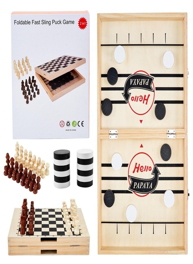 HELLO PAPAYA Foldable Fast Sling Puck Game with Chess Board and Checkers Board, Tic Tac Toe. Wooden Air Hockey Family Night,Table Games Gifts for Adults and Kids - Image 2