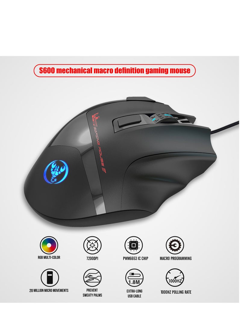HXSJ - S600 Wired Mouse 9 Button 7200 DPI RGB Backlit Gaming Mice For PC and Computer Gamer - Image 1