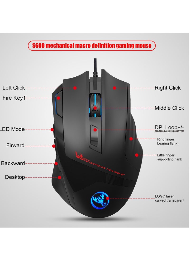 HXSJ - S600 Wired Mouse 9 Button 7200 DPI RGB Backlit Gaming Mice For PC and Computer Gamer - Image 1