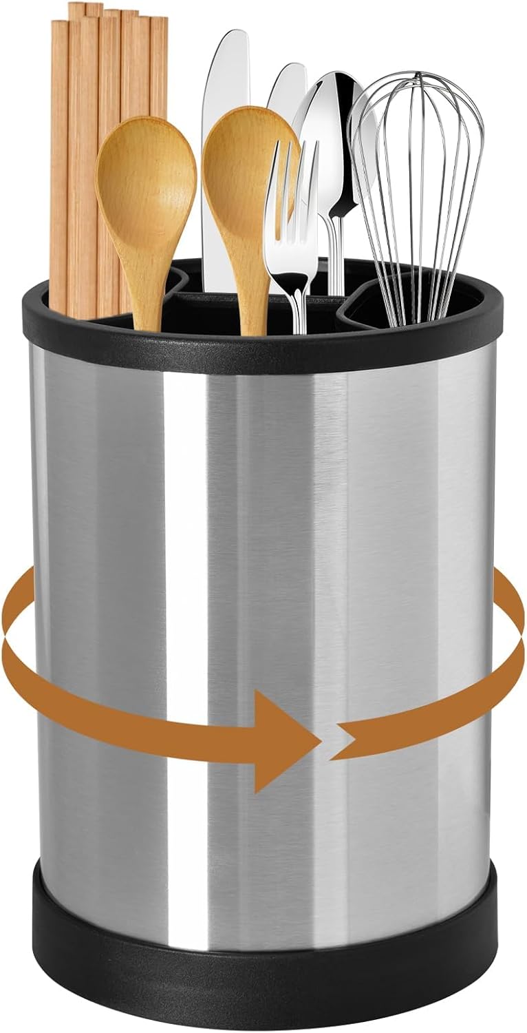 Cable Leader Kitchen Utensils Pot 360° Swivel, Utensil Holder with 4 Compartments, Large Storage Utensils in Stainless Steel, with Drainage Base, Black, 17 x 12 x 12 cm - Image 1