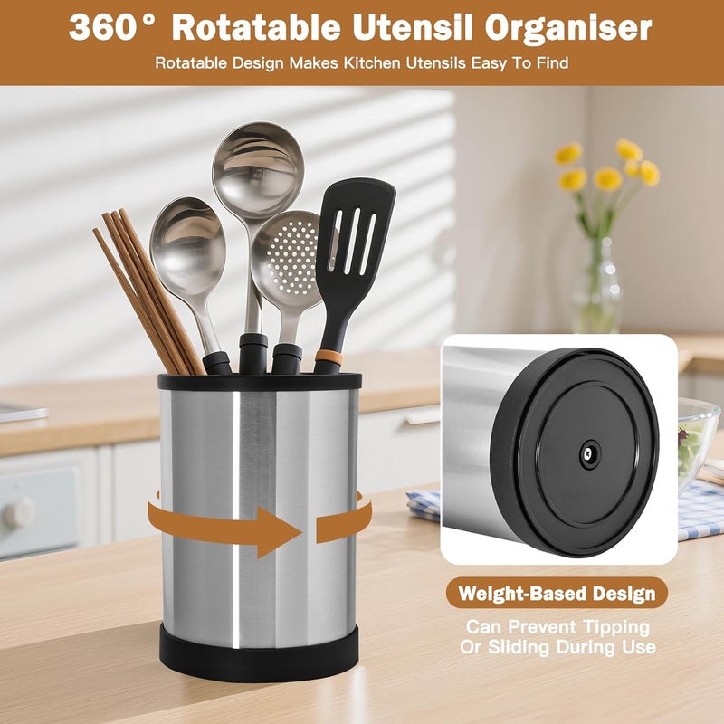 Cable Leader Kitchen Utensils Pot 360° Swivel, Utensil Holder with 4 Compartments, Large Storage Utensils in Stainless Steel, with Drainage Base, Black, 17 x 12 x 12 cm - Image 4
