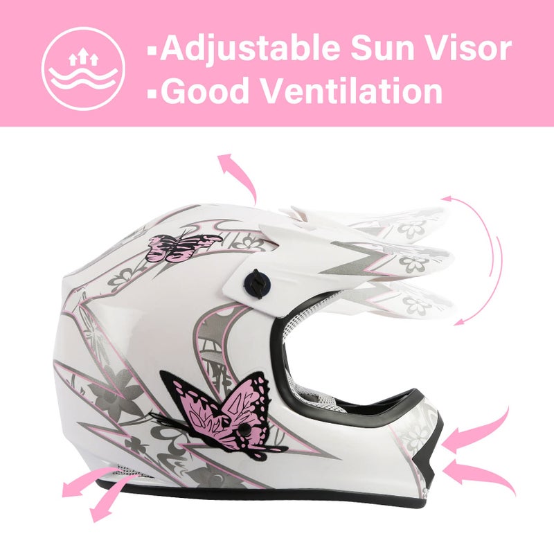 XFMT Kids Dirt Bike Helmet Youth Motorcycle Helmet DOT-Certified Full Face Helmets for Motocross ATV Off-Road Street Bike with Goggles & Gloves, Pink Butterfly Small - Image 2